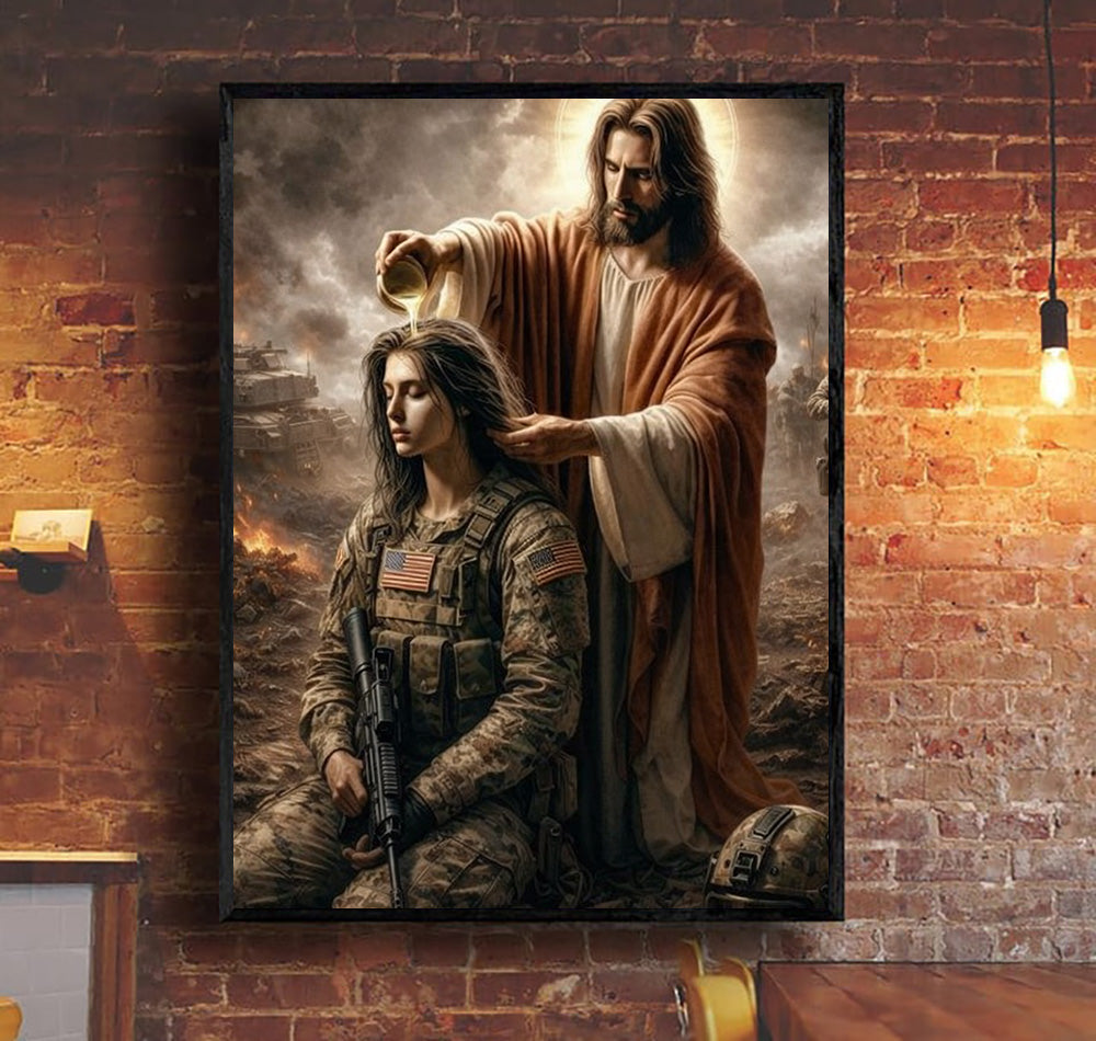 Jesus Anointing Soldier Canvas Wall Art, Christian Military Wall Art, Faith Based Patriotic Decor, Gift for Veteran, Religious Canvas Poster