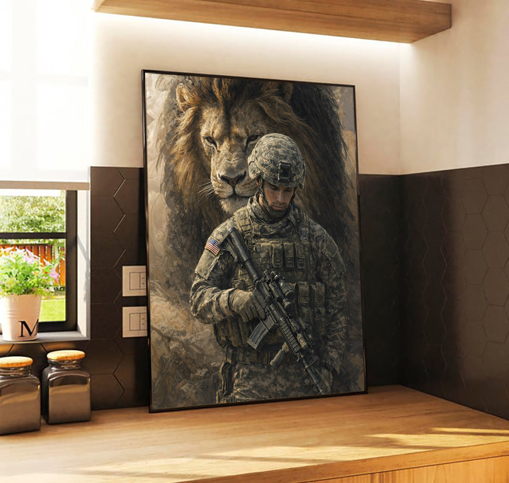 Soldier and Lion Canvas Wall Art, Patriotic Military Decor, Courage Strength Warrior Print, Veteran Gift, Home Artwork Decor