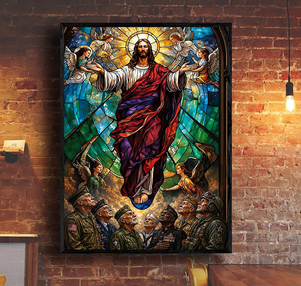 Jesus Christ Veterans Canvas Wall Art, Christian Military Wall Art Printed, Religious Gift for Veteran Dad, Father’s Day Gift, Patriotic For Veteran