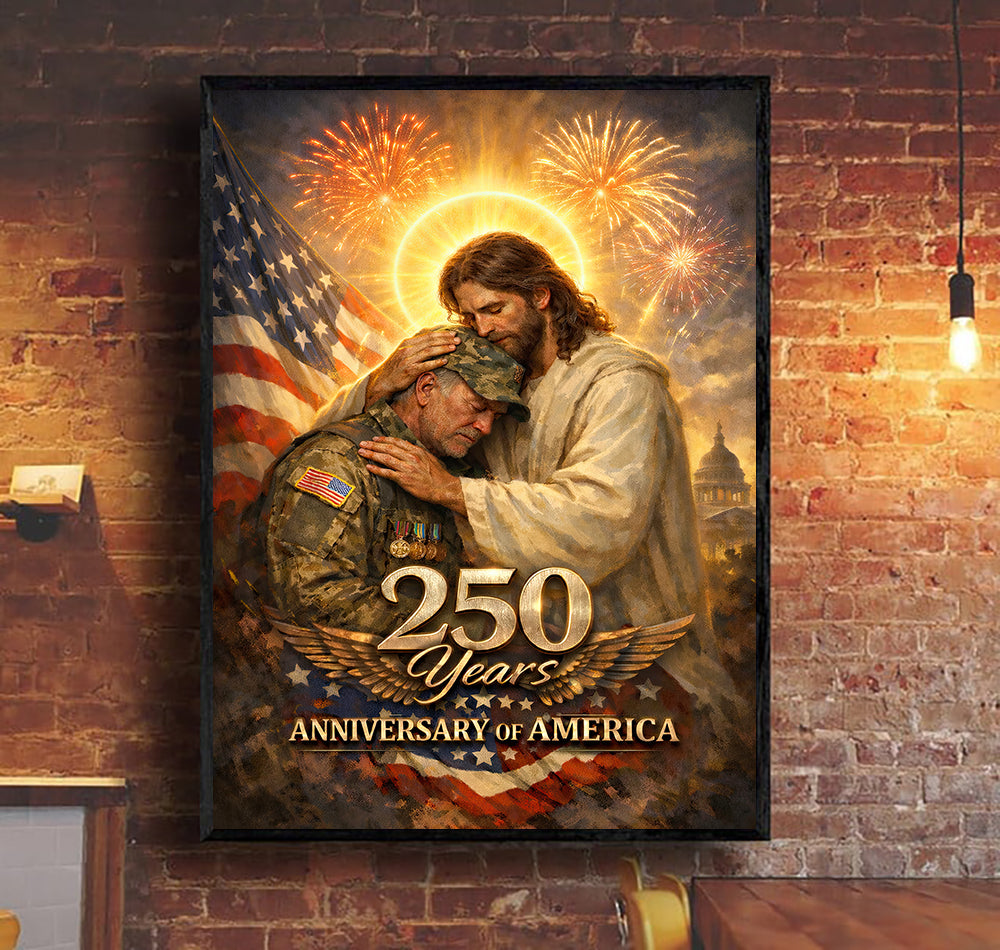 Jesus Comforting Soldier Wall Art Canvas, USA 250 Years Anniversary Canvas, Patriotic Christian Decor, Veteran Gift, America 1776–2026