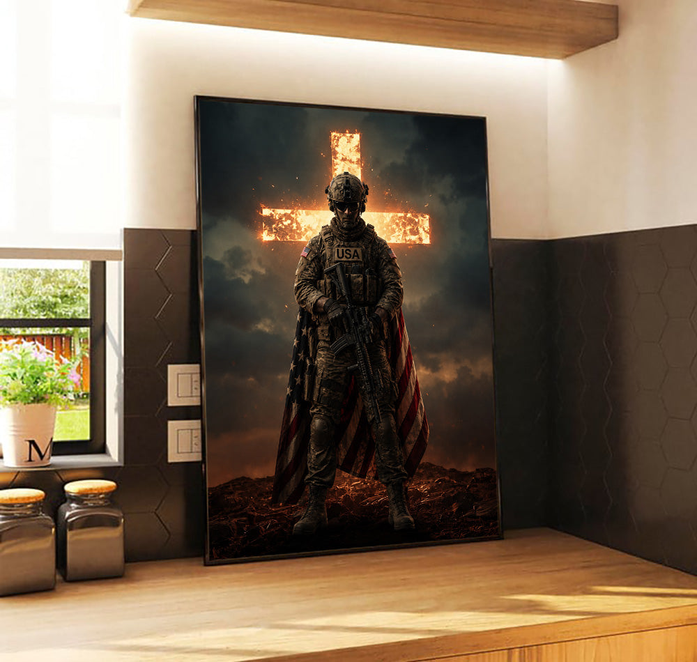 Jesus Soldier Printed Canvas, Father’s Day Gift for Dad, Christian Military Wall Art with Flaming Cross and American Flag Design