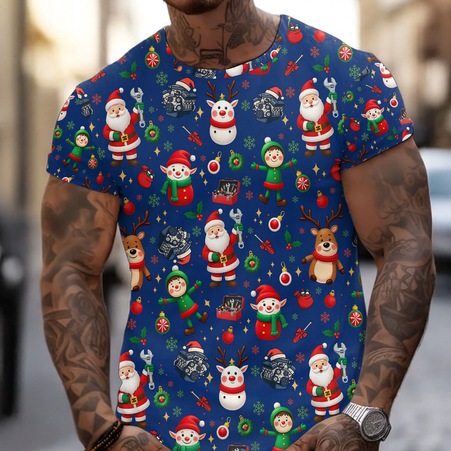 Christmas Mechanic All Over Print T-Shirt with Santa, Reindeer, Elves & Engine Tools, Festive Holiday Auto Mechanic Graphic Hoodie