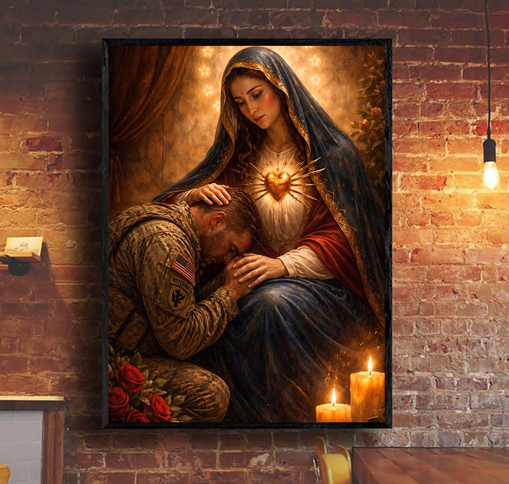 Virgin Mary Sacred Heart Blessing Soldier Canvas Wall Art Christian Faith Military Prayer Gift Father’s Day Veteran Gift Religious Decor