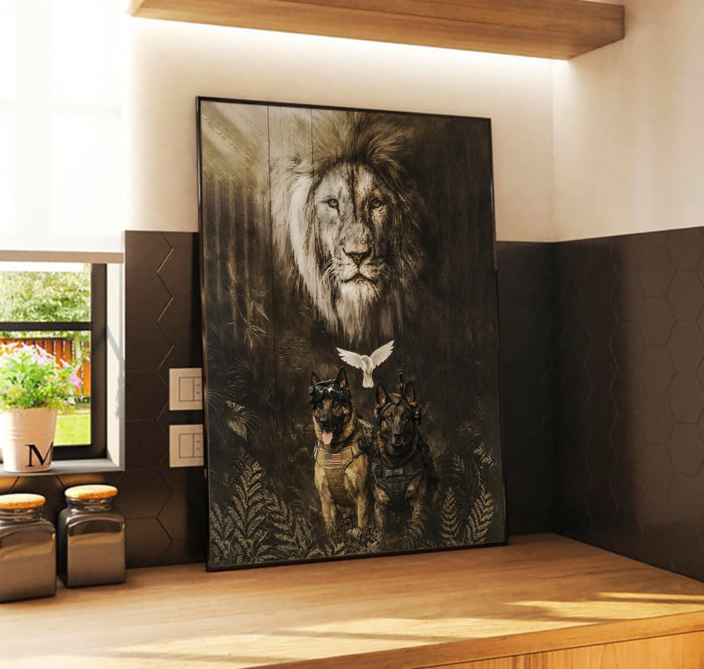 Lion and Military Dog Canvas Wall Art, K9 Unit Patriotic Wall Decor, Dog Canvas Print, Veteran Gift, Father's Day Gift for Dog Lovers