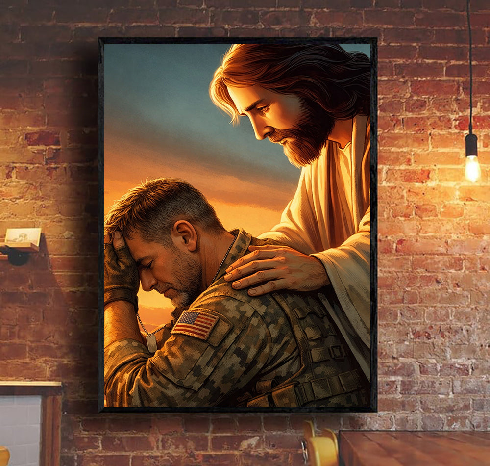 Jesus Comforting Soldier Wall Art Canvas, Christian Military Prayer Poster, Faith Wall Decor, Veteran Gift, Religious Art Print for Home
