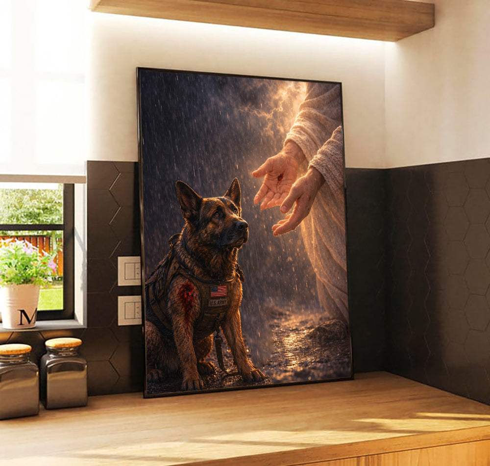 Jesus with Wounded Military Dog Wall Art Canvas, Christian Veteran Gift, Patriotic K9 Hero Canvas, God's Protection Poster, Patriotic Decor