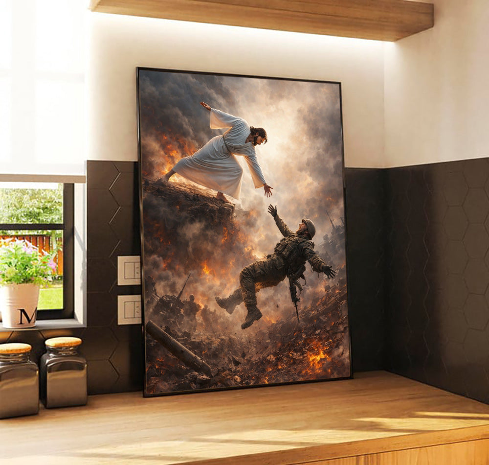 Jesus Saving Soldier Canvas, Christian Military Wall Art, Faith in Battle, Religious Wall Decor, Veteran Gift