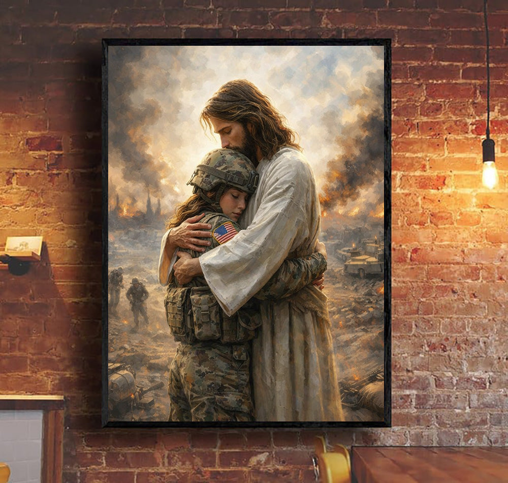 Jesus Hugging Soldier Canvas Wall Art Christian Military Wall Decor Faith Healing Artwork Gift For Veteran Patriotic Wall Art