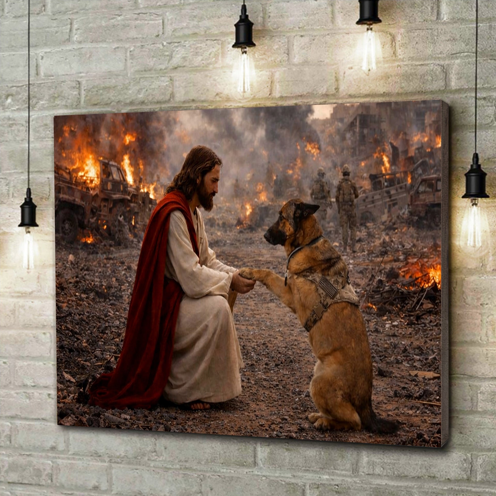Jesus And Military Dog Wall Art Christian Faith Canvas Jesus Comforting War Dog Religious Home Decor Gift