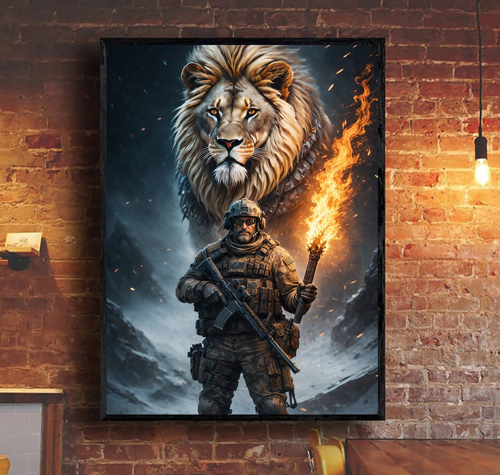 Lion Warrior Soldier Canvas Wall Art Military Lion Painting Fire Torch Art Strong Leadership Decor Gift For Men Veteran Wall Decor