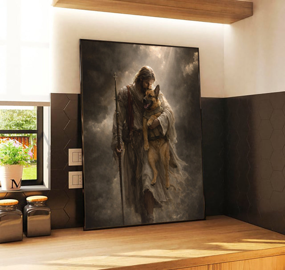Jesus Carrying Military Dog Wall Art Canvas, Christian Wall Art, German Shepherd K9 Soldier Poster, Faith Based Decor, Patriotic Veteran Gift