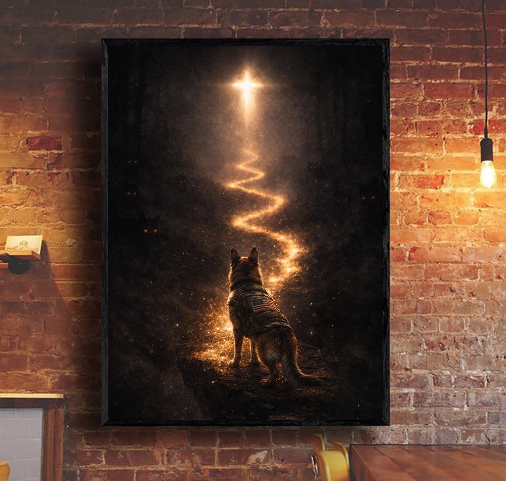 Military Dog Memorial Canvas Wall Art Christian Cross Light Path German Shepherd Tribute Print Veteran Gift Pet Loss Sympathy Faith Decor