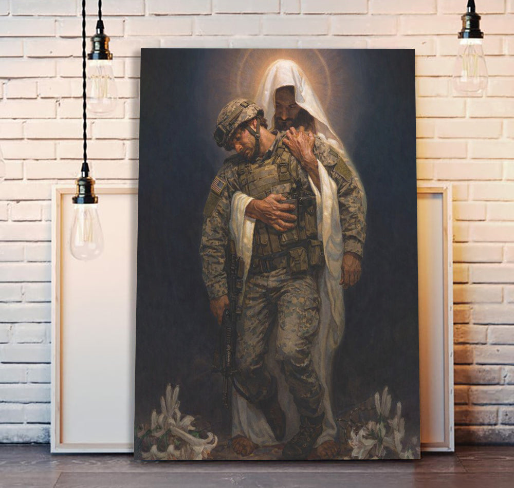 Jesus Embracing Soldiers Canvas Wall Art, Christian Military Canvas for Veterans & Faith Home Decor