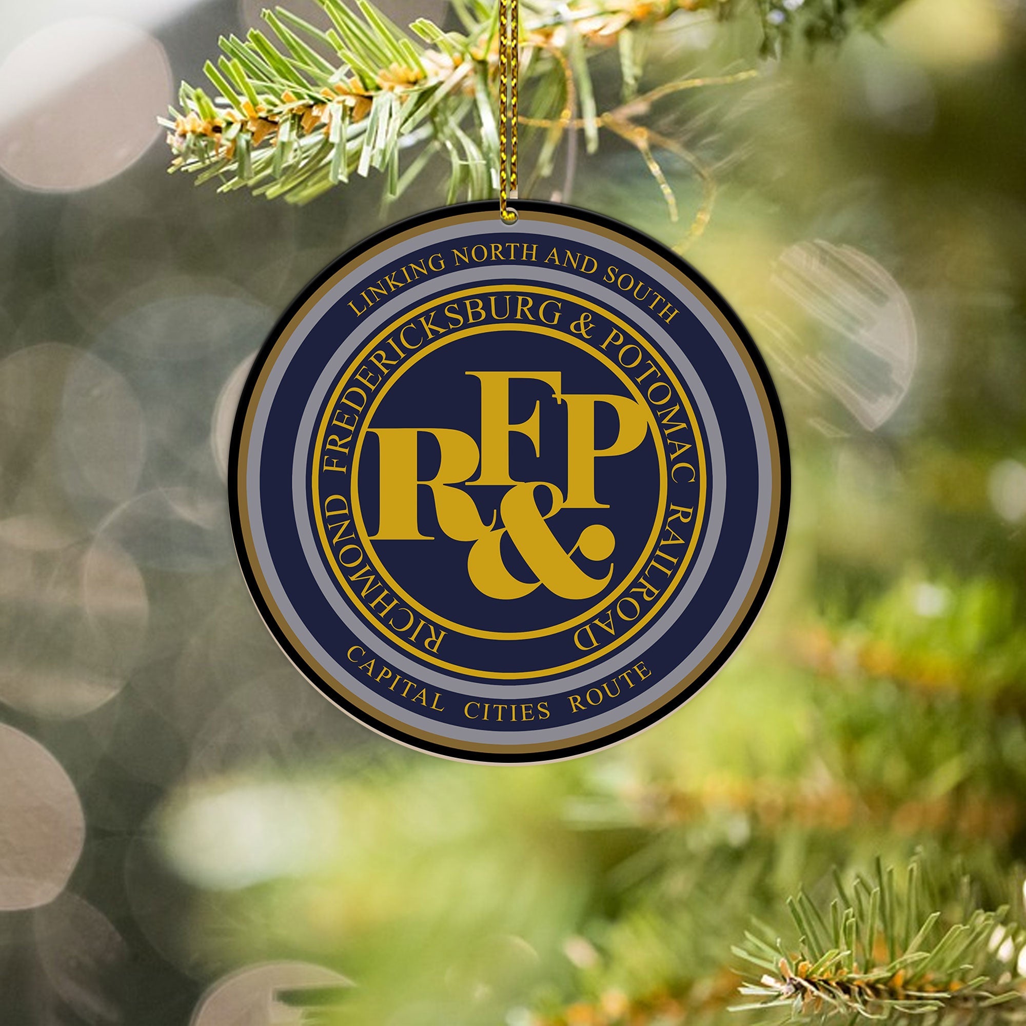 Vintage Railroad Ornament, Retro RF&P Train Logo Round Christmas Decoration, Perfect Gift for Railway Collectors and Fans