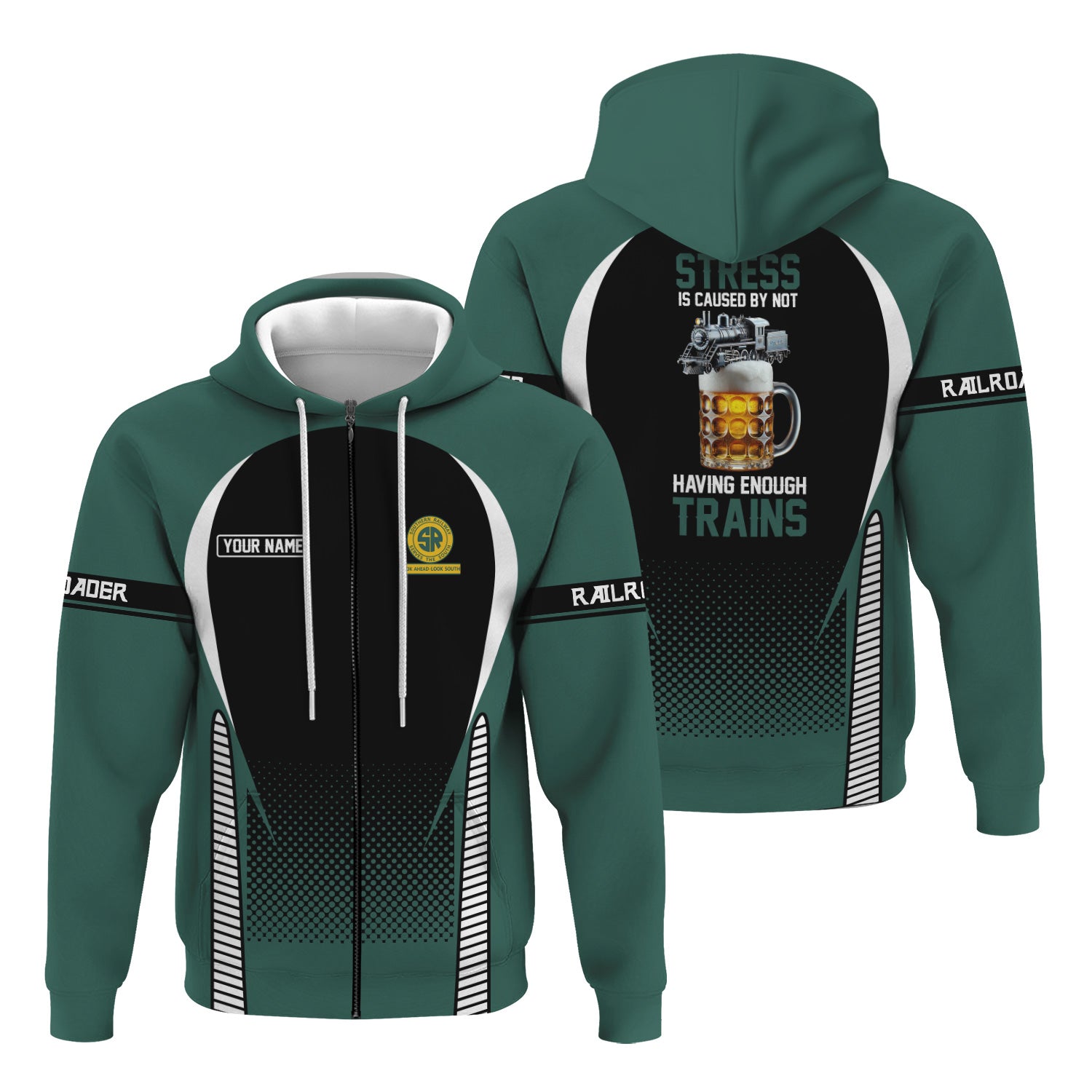 Railspirit Personalized Southern Railway U.S Hoodie Stress Is Caused By Not Having Enough Trains SOU  Zip Up Hoodie