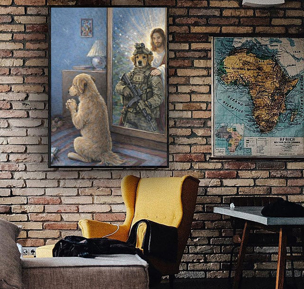 Guardian Angel Jesus And Fallen Soldier Dog Reflection, Military Tribute Christian Canvas Wall Art, Faith And Protection Artwork For Veteran Home Decor