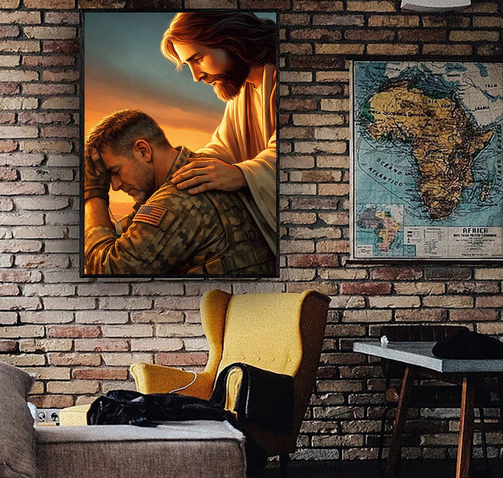 Jesus Comforting Soldier Wall Art Canvas, Christian Military Prayer Poster, Faith Wall Decor, Veteran Gift, Religious Art Print for Home
