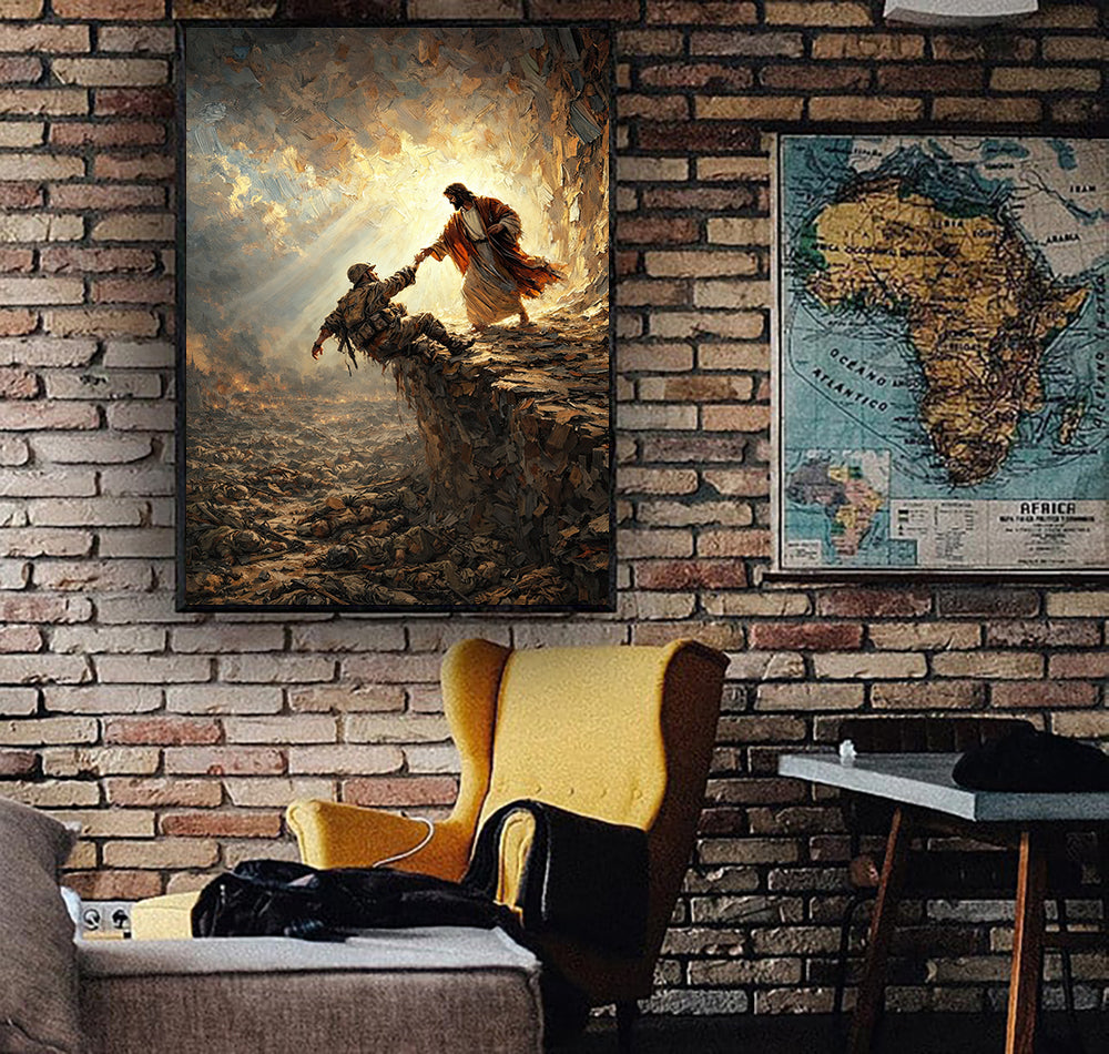 Jesus Saving a Soldier Wall Art, Christian Faith Canvas Print, Jesus Rescues Soldier from War, Religious Gift for Veterans, Home Decor