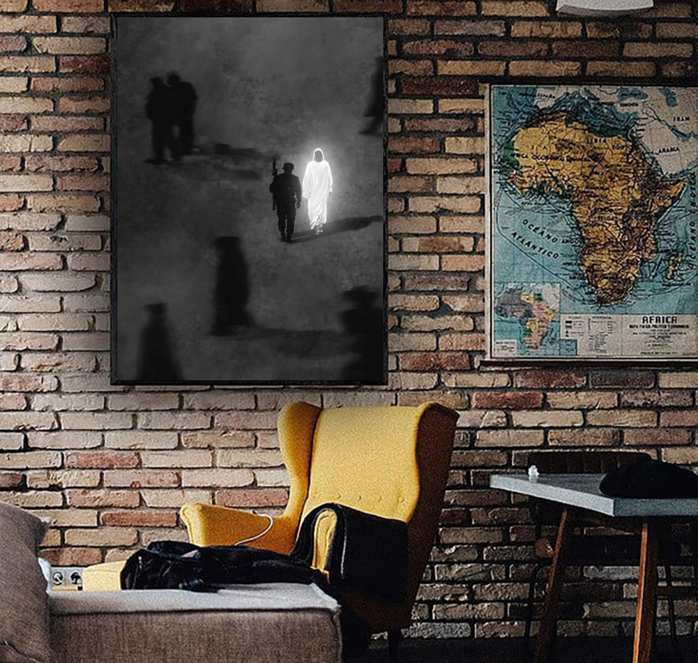 Jesus Walks With You Canvas Wall Art, Christian Canvas Print, Faith Over Fear Decor, Religious Gift for Veteran, Christian Home Decor