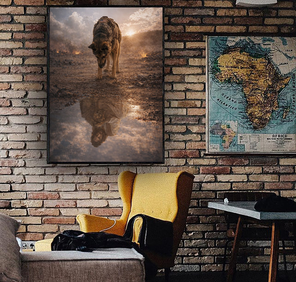 Warrior Dog Jesus Reflection Wall Art, Christian Faith Canvas Print, Military Shepherd Artwork, Spiritual Protection Home Decor Gift