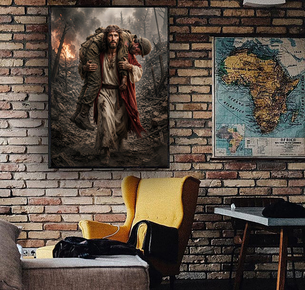 Jesus Carrying Soldier Printed Canvas, Father’s Day Gift for Dad, Christian Military Wall Art Decor with Battlefield Savior Design