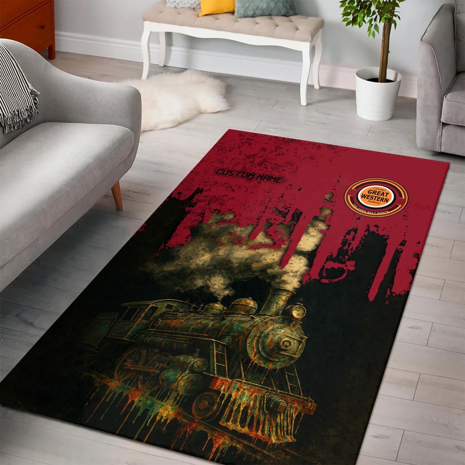 Railspirit Personalized Chicago Great Western Railroad Area Rug Vintage Train Art Style Rug For Locomotive Fans