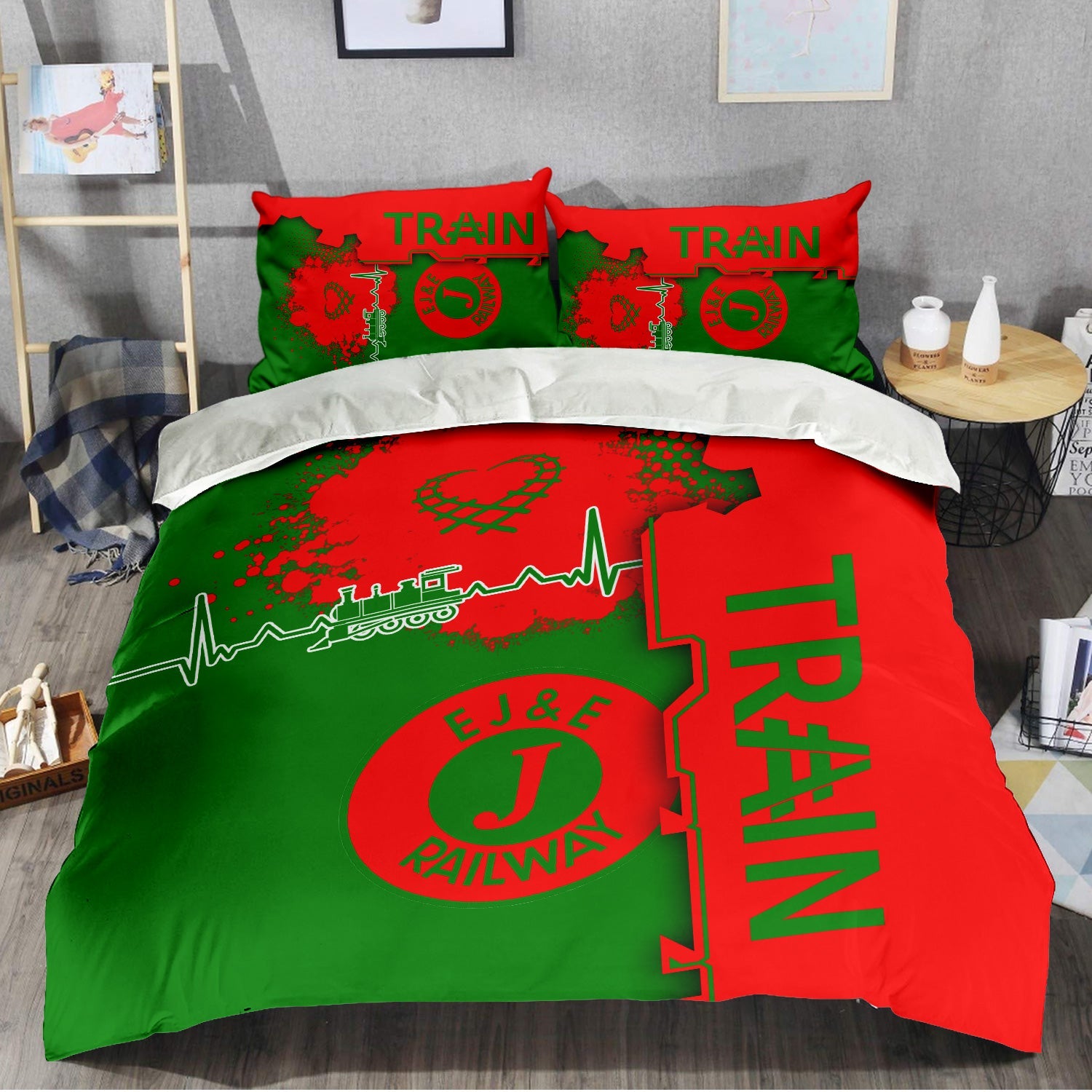 Railspirit Elgin Joliet And Eastern Railroad Bedding Set Engine Heartbeat and Track Love Style Bedding Set Gift Idea For Train Lovers