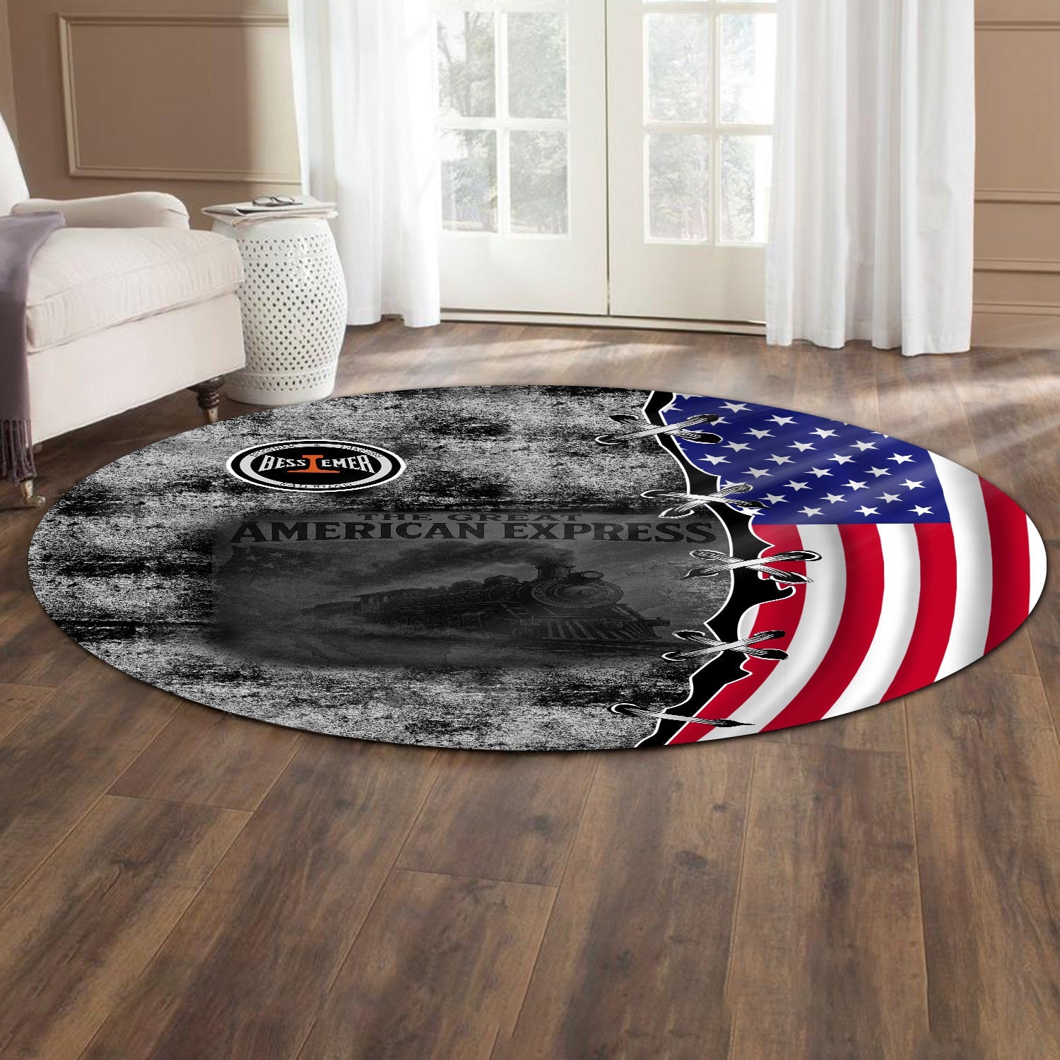 Railspirit Bessemer And Lake Erie Railroad Round Mat Retro American Express Train With USA Flag Round Mat