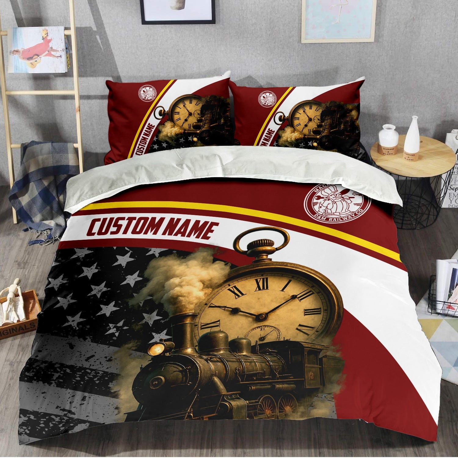 Railspirit Personalized Detroit & Mackinac Railroad Bedding Set Classic Steam Engine With Retro Pocket Watch Bedding Set All Over Print