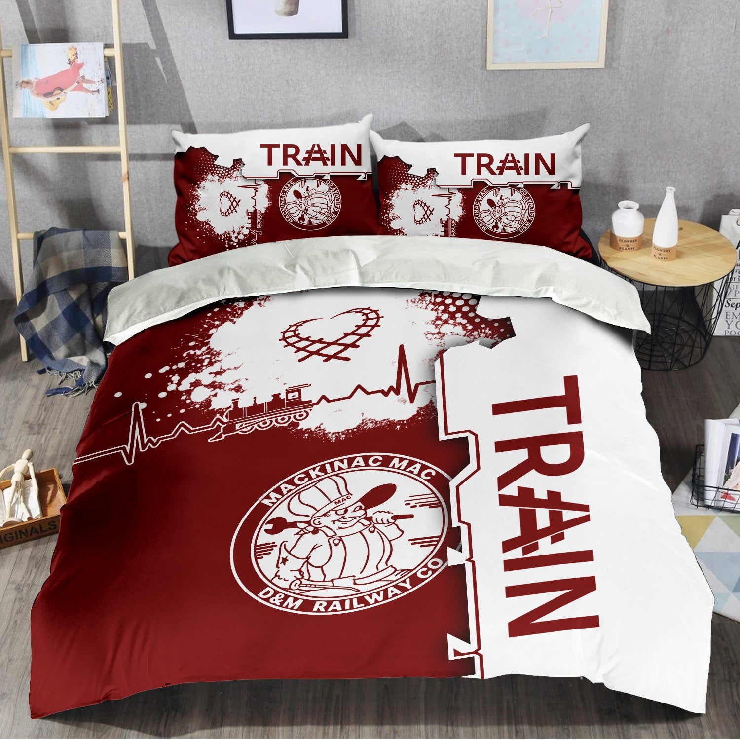 Railspirit Detroit & Mackinac Railroad Bedding Set Engine Heartbeat and Track Love Style Bedding Set Gift Idea For Train Lovers