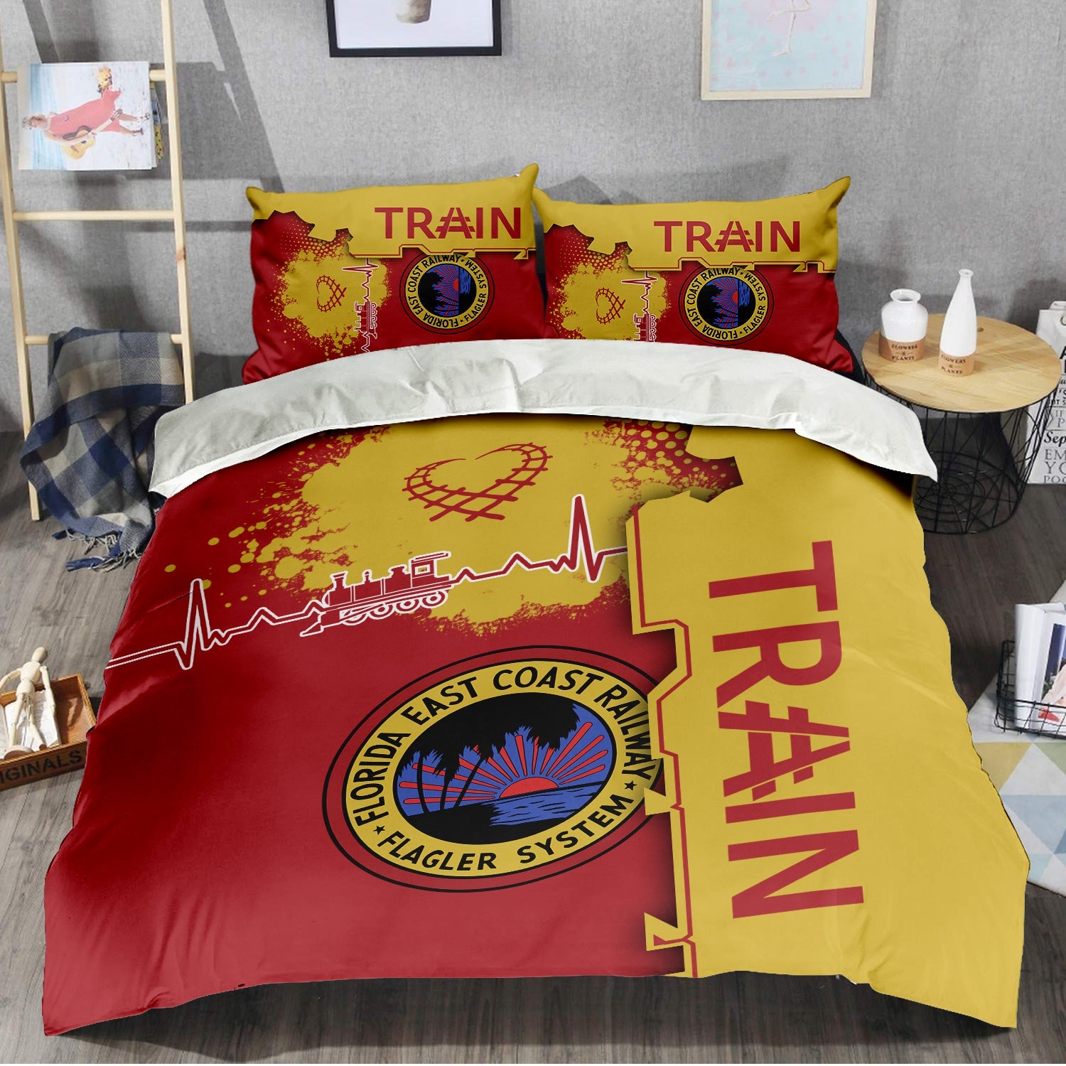 Railspirit Florida East Coast Railway Bedding Set Engine Heartbeat and Track Love Style Bedding Set Gift Idea For Train Lovers