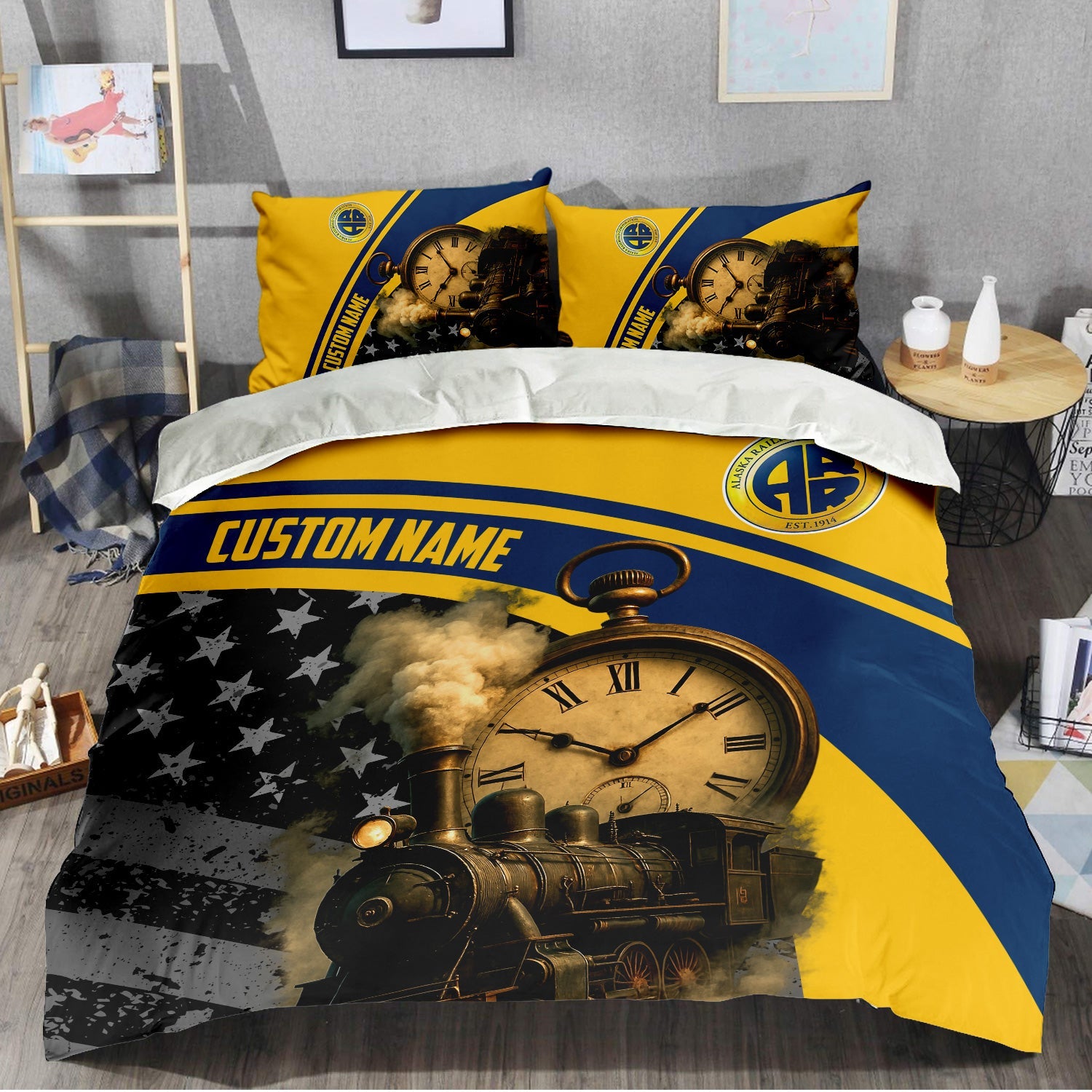 Railspirit Personalized Alaska Railroad Bedding Set Classic Steam Engine With Retro Pocket Watch Bedding Set All Over Print