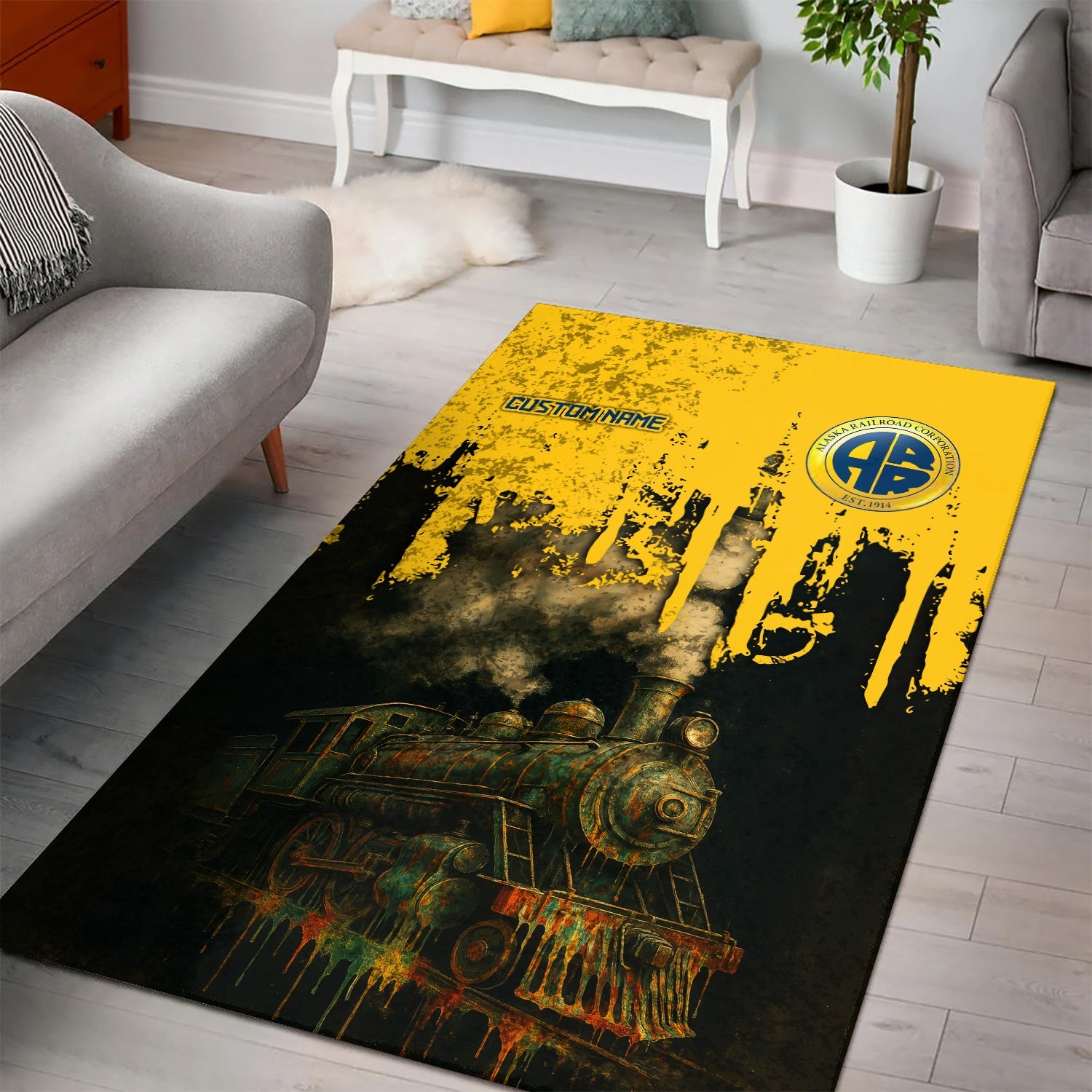 Railspirit Personalized Alaska Railroad Area Rug Vintage Train Art Style Rug For Locomotive Fans