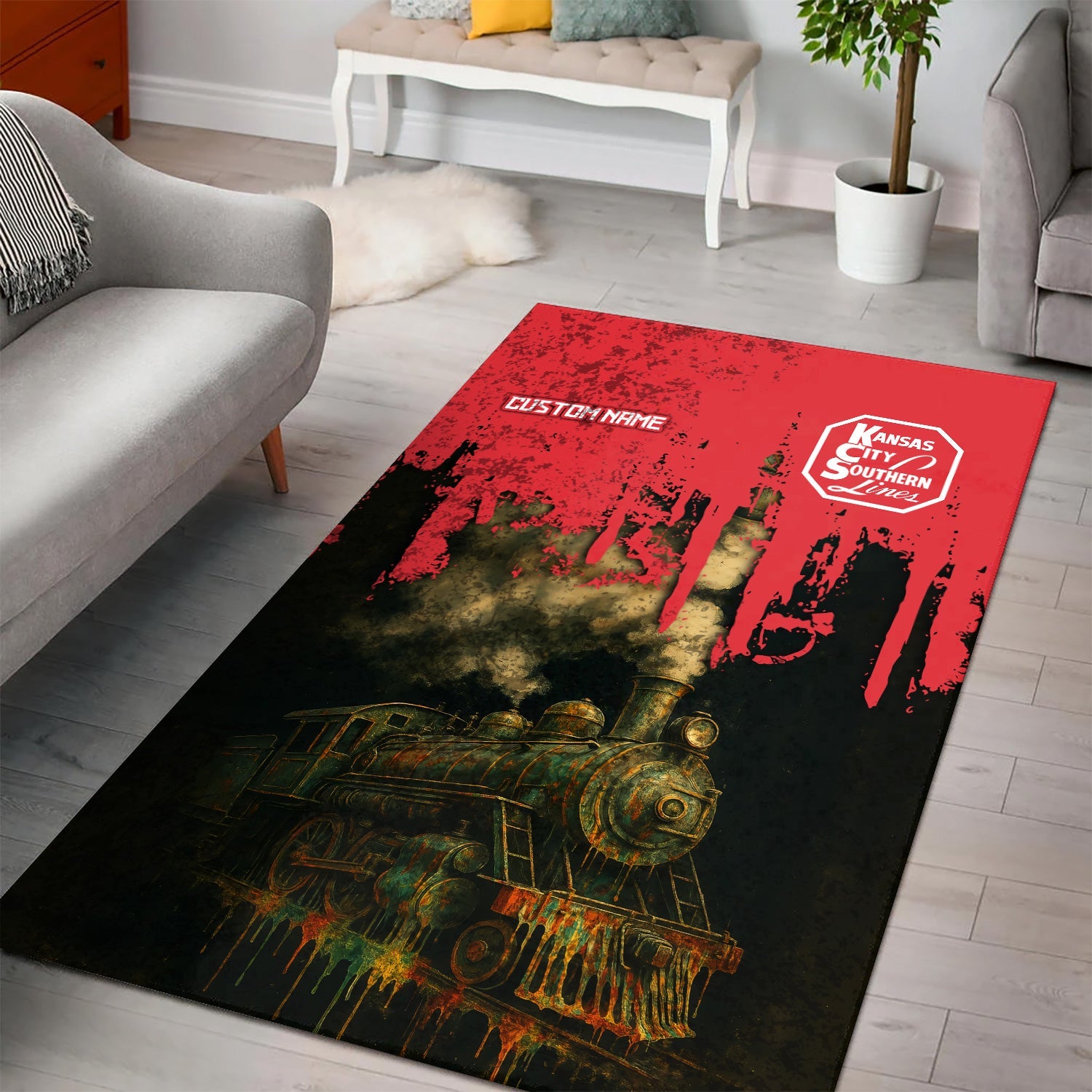 Railspirit Personalized Kansas City Southern Area Rug Vintage Train Art Style Rug For Locomotive Fans