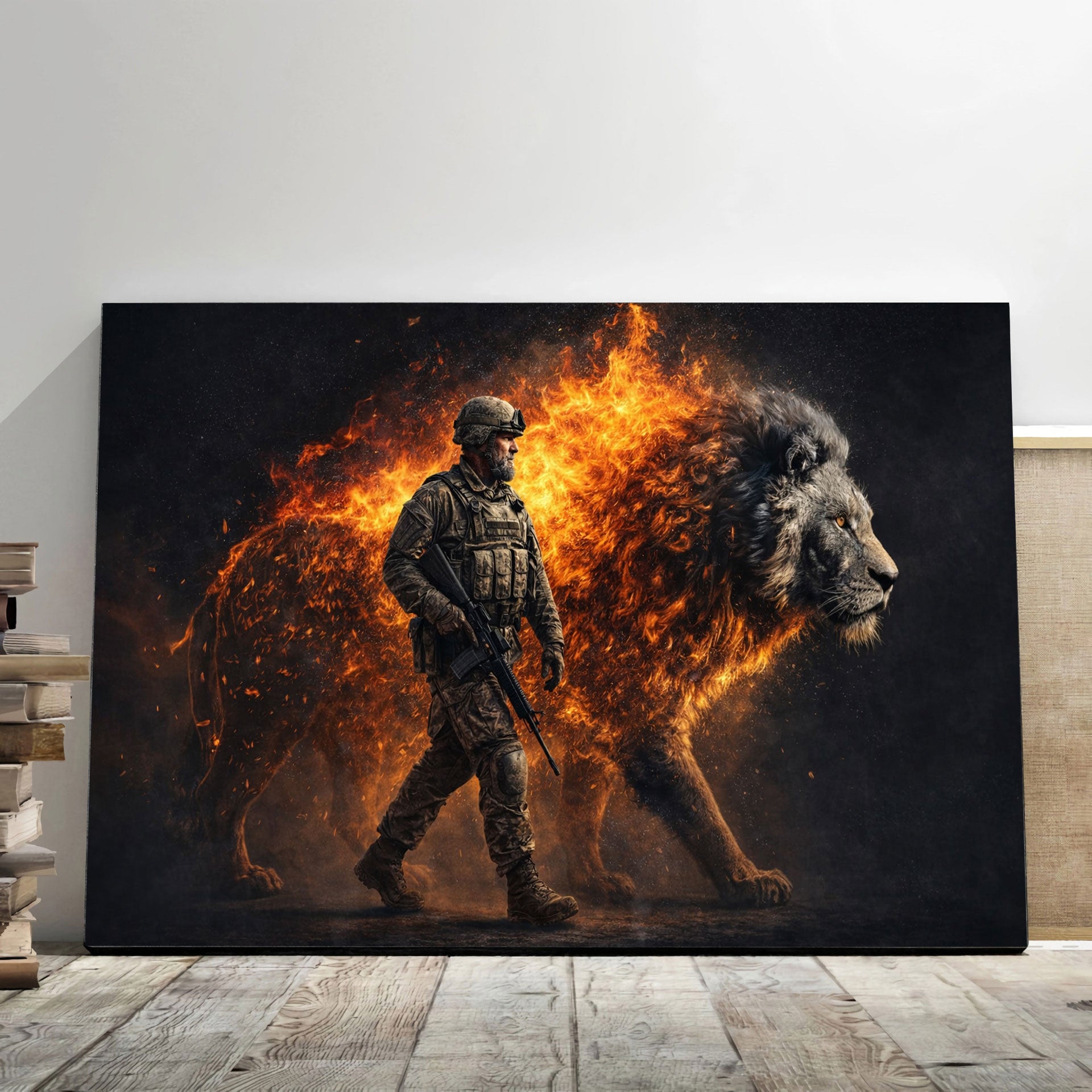 Soldier Walking With Fire Lion Printed Canvas Wall Art Powerful Warrior Spirit Lion Flame Artwork Gift For Dad Father Day Home Decor