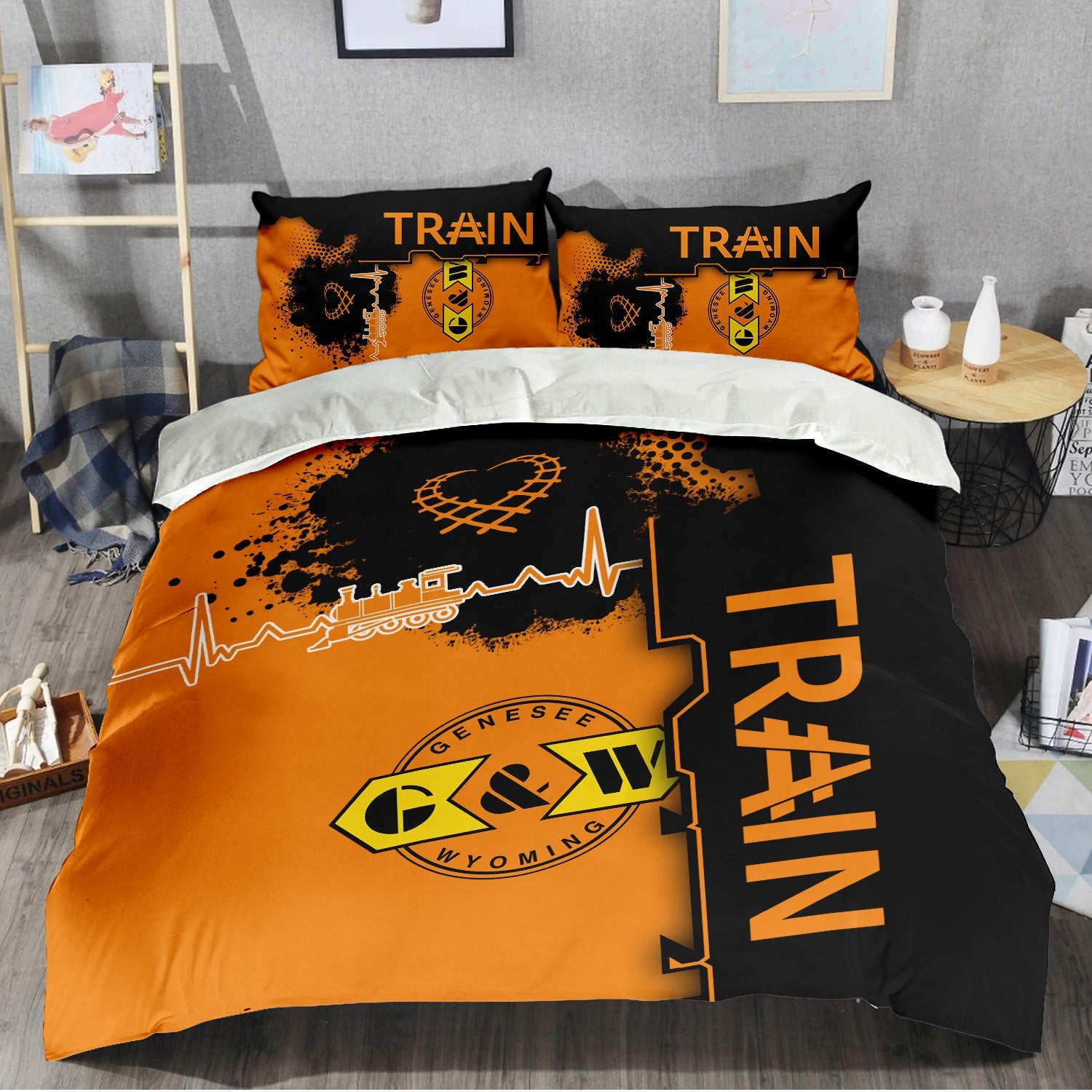Railspirit Genesee & Wyoming Inc. Railroad Bedding Set Engine Heartbeat and Track Love Style Bedding Set Gift Idea For Train Lovers