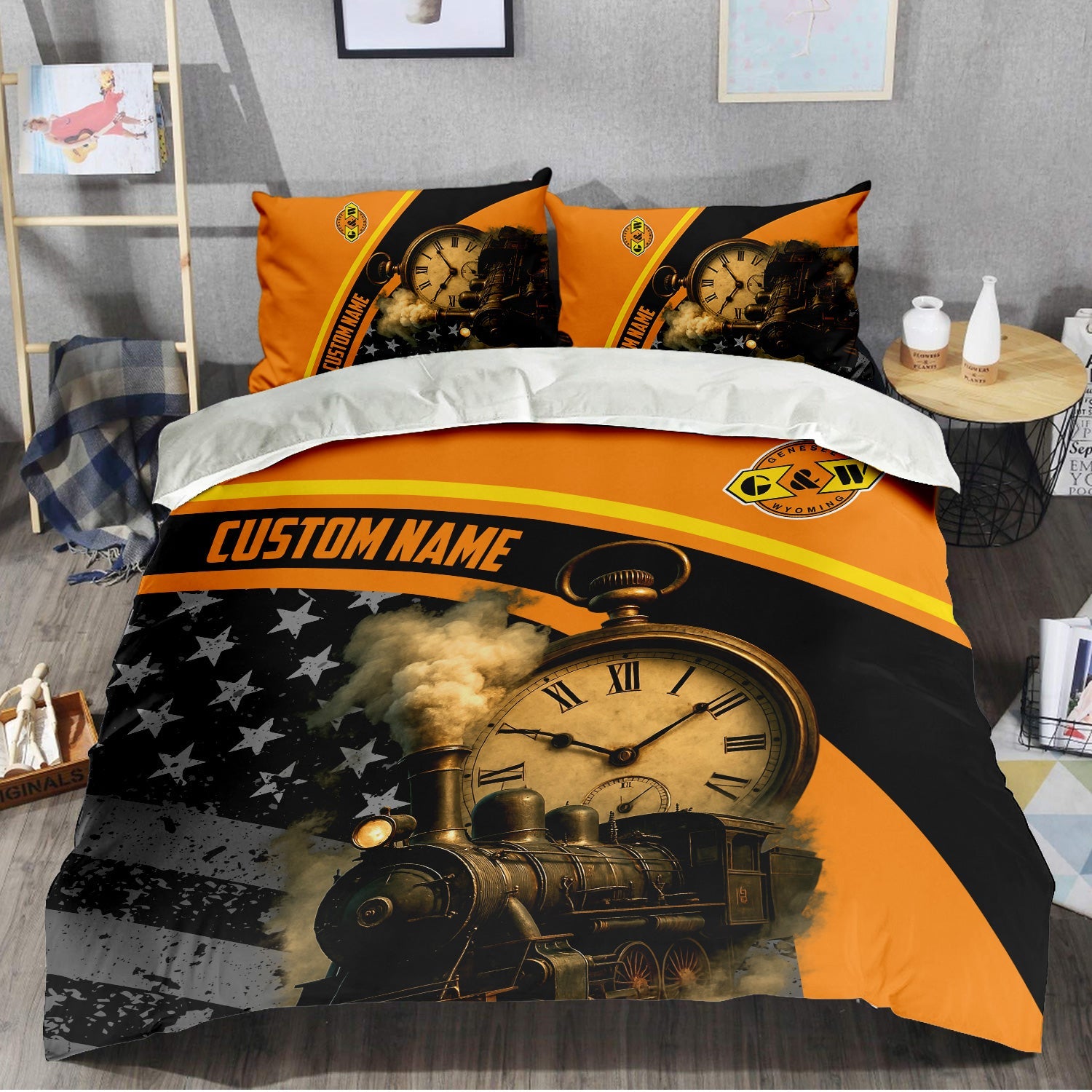 Railspirit Personalized Genesee & Wyoming Inc. Railroad Bedding Set Classic Steam Engine With Retro Pocket Watch Bedding Set All Over Print