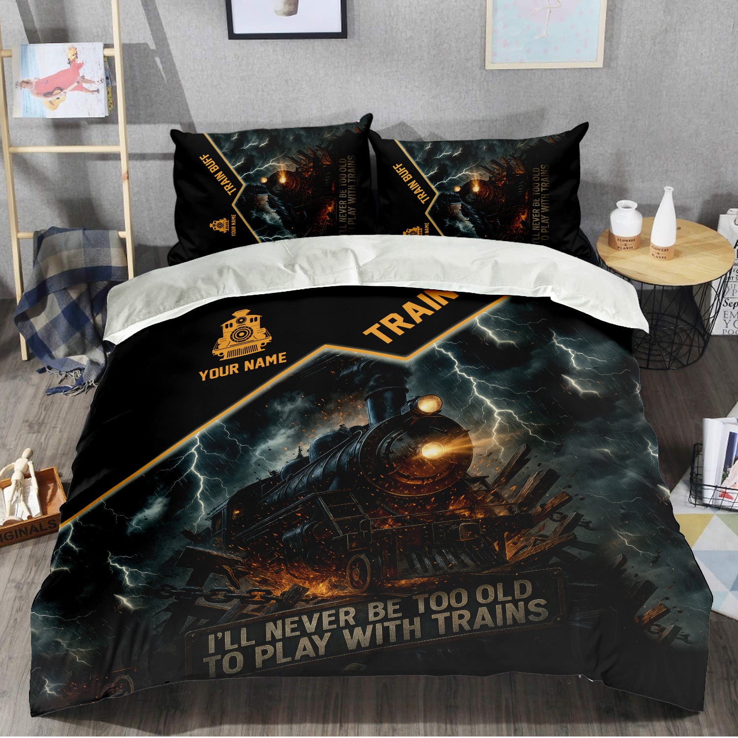 Railspirit Personalized Train Buff Bedding Set I'll Never Too Old To Play With Trains Bedding Set For Train Lovers