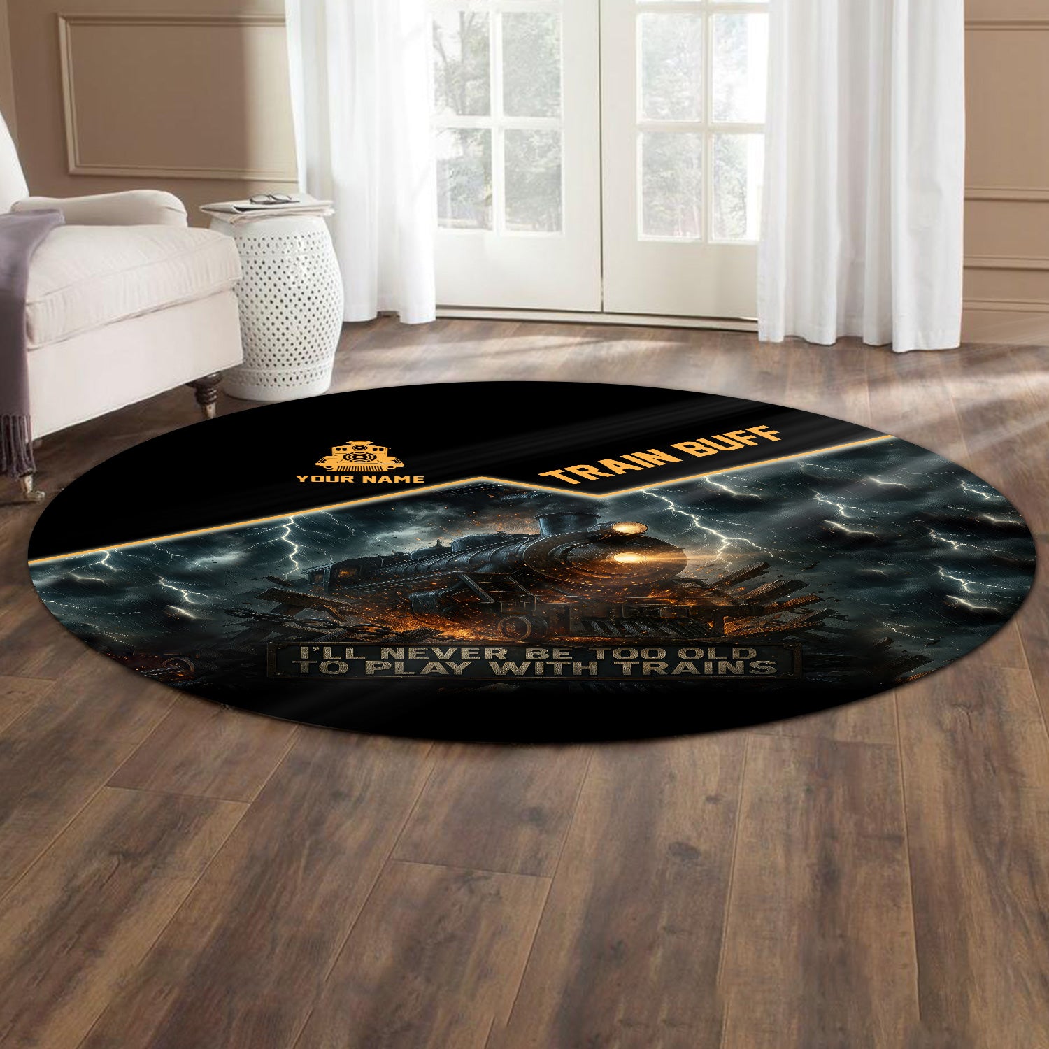 Railspirit Personalized Train Buff Round Mat I'll Never Too Old To Play With Trains Mat For Train Lovers