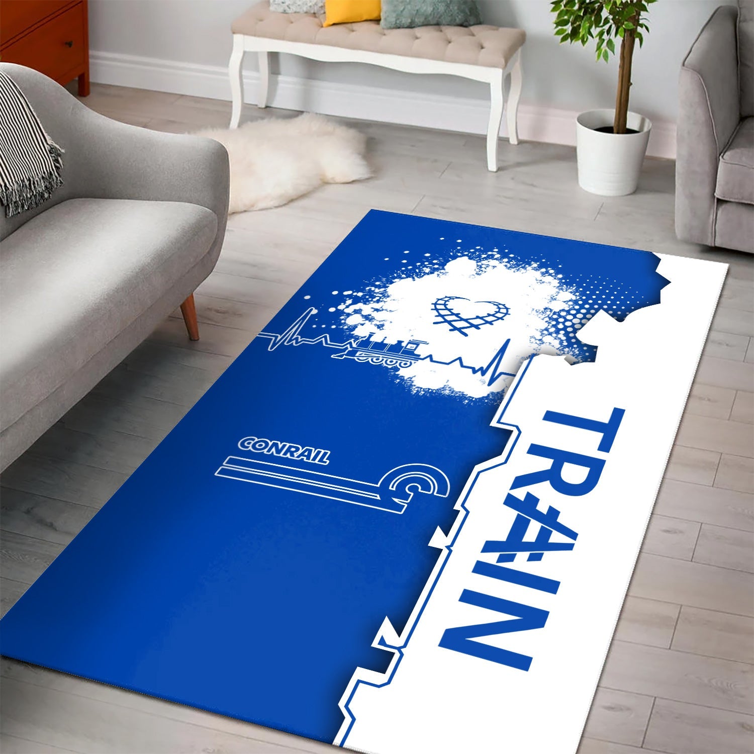 Railspirit Conrail Railroad Area Rug Engine Heartbeat and Track Love Style Rug Gift Idea For Train Lovers