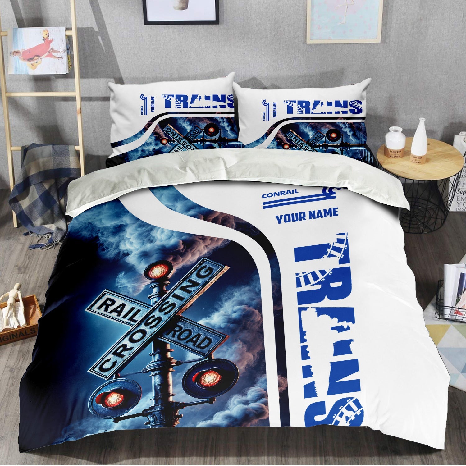 Railspirit Personalized Conrail Railroad Bedding Set Railroad Crossing Sign Bedding Set All Over Print