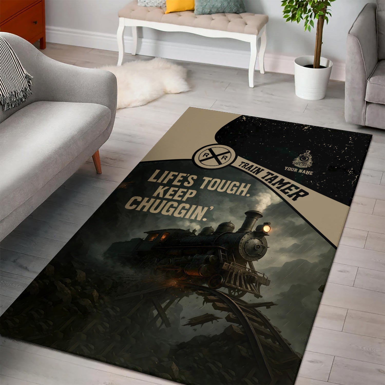 Railspirit Personalized Area Rug Life's Tough Keep Chuggin' Vintage Train Rug for Train Tamer
