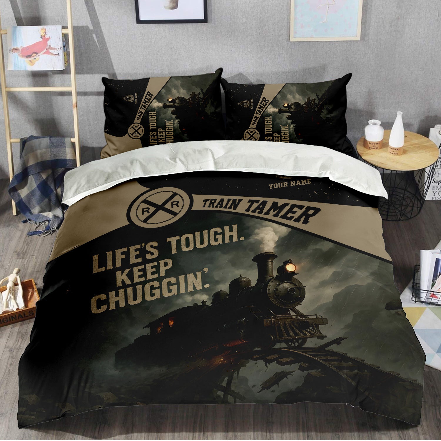 Railspirit Personalized Bedding Set Life's Tough Keep Chuggin' Vintage Train Bedding Set for Train Tamer