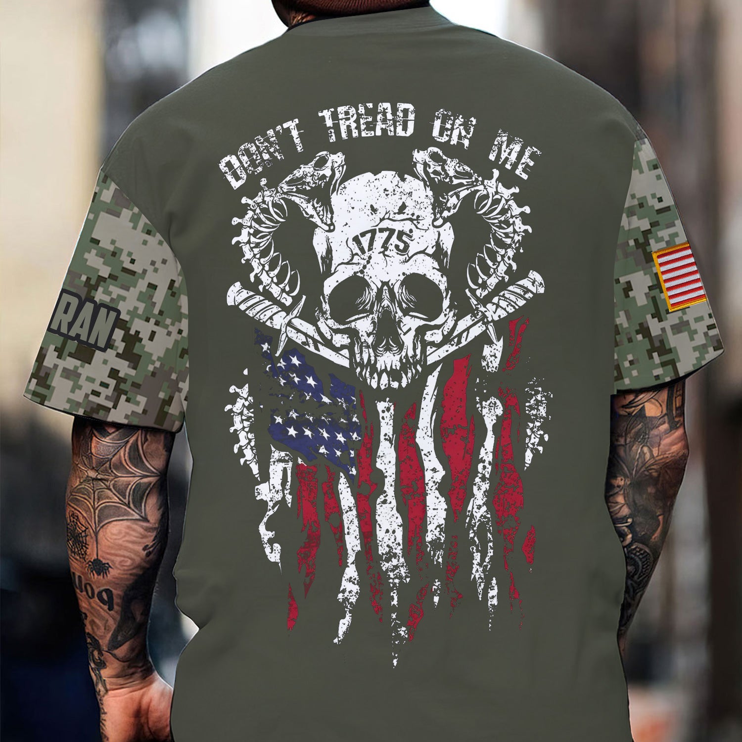 Veteran Don’t Tread On Me Shirt, 1775 Skull Snake American Flag Camo Sleeve Custom Tee, Patriotic Hoodie Gift For Men