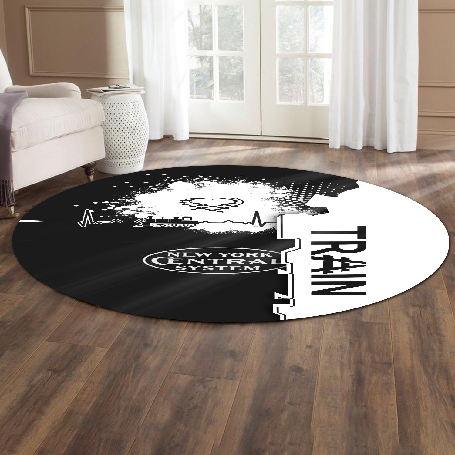 Railspirit New York Central Railroad Round Mat Engine Heartbeat and Track Love Style Mat Gift Idea For Train Lovers