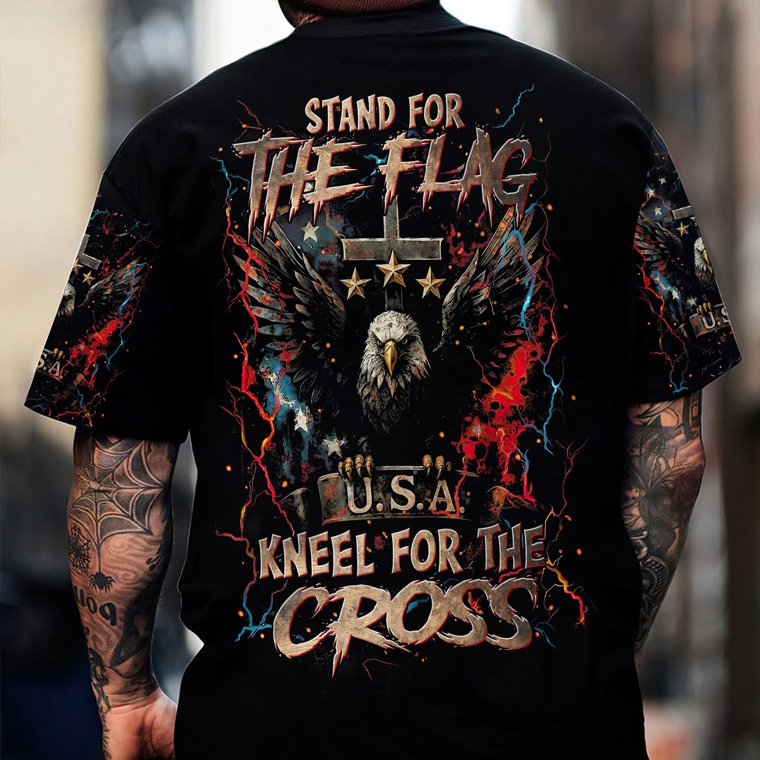 Stand for the Flag Kneel for the Cross T-Shirt, Patriotic Christian Eagle Graphic Tee for USA Pride, Faith Believers & American Freedom Fans