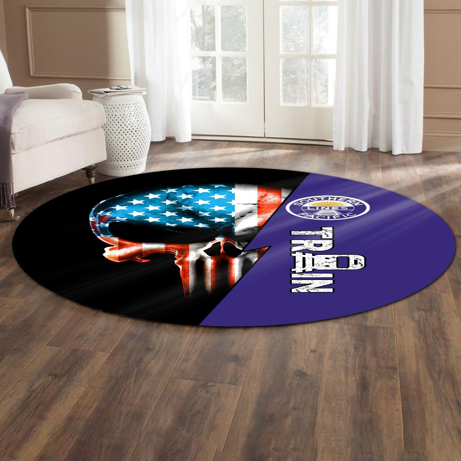 Railspirit Southern Pacific Railroad Round Mat Train Skull American Flag Style Rug All Over Print