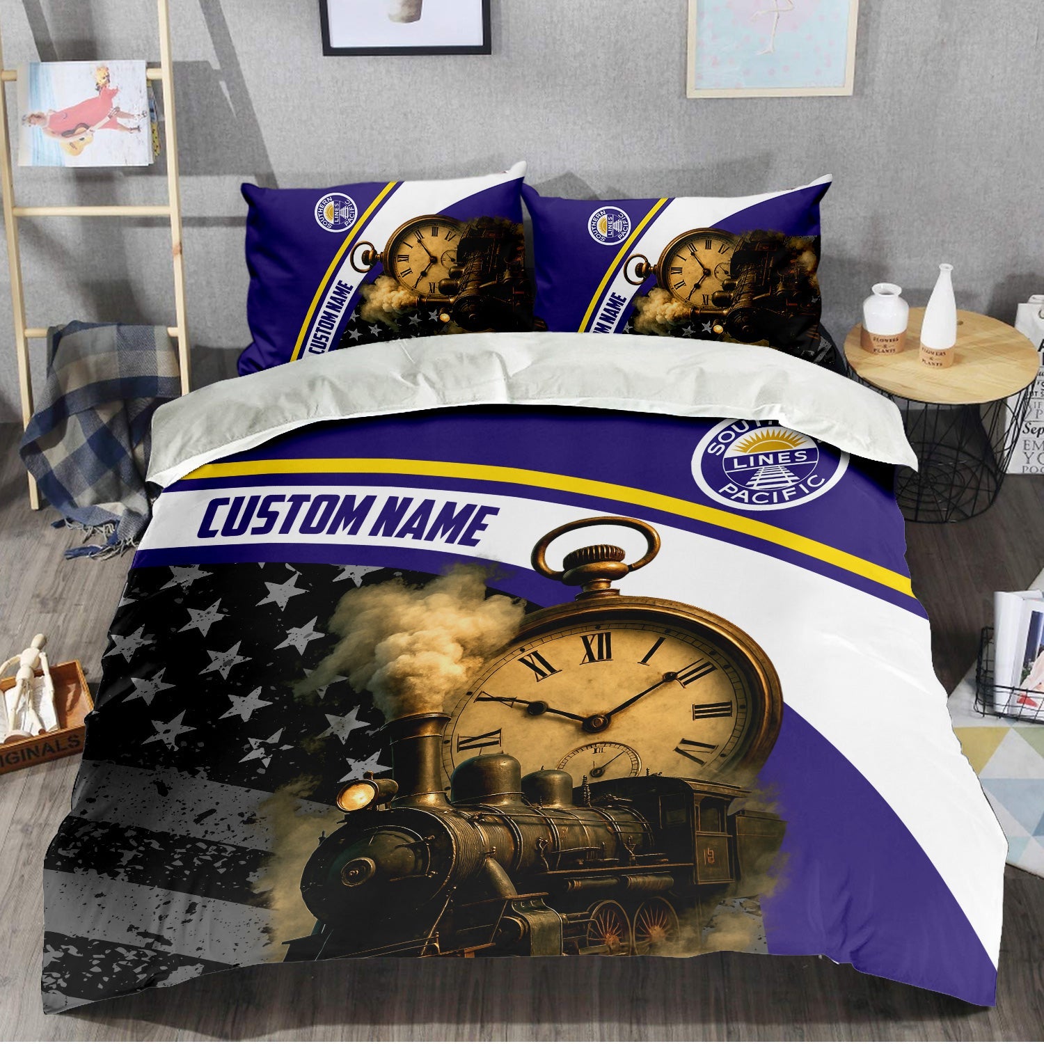 Railspirit Personalized Southern Pacific Railroad Bedding Set Classic Steam Engine With Retro Pocket Watch Bedding Set All Over Print