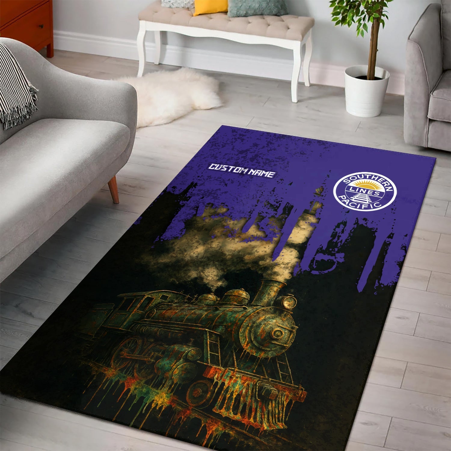 Railspirit Personalized Southern Pacific Railroad Area Rug Vintage Train Art Style Rug For Locomotive Fans