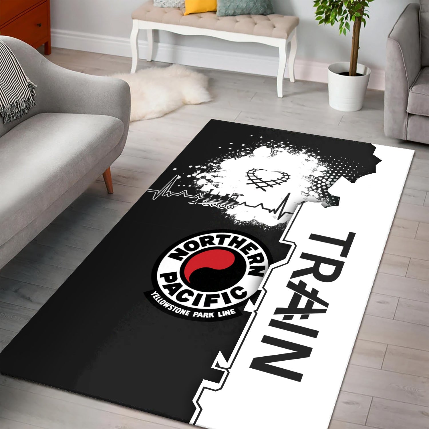 Railspirit Northern Pacific Railway Area Rug Engine Heartbeat and Track Love Style Rug Gift Idea For Train Lovers
